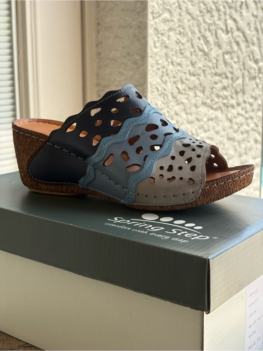 Spring Step Navy Blue Gray Laser-Cut Wedge Mule